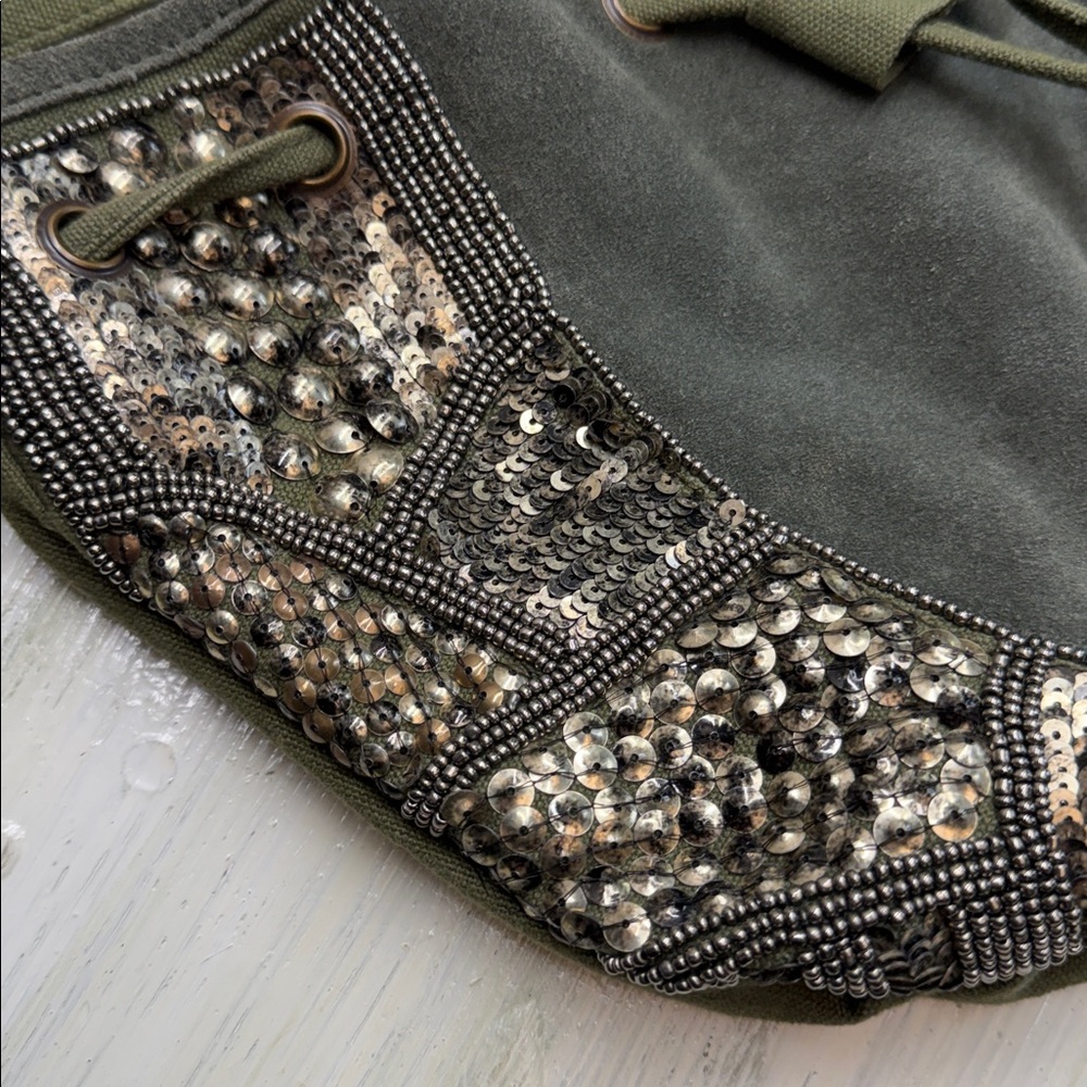 Indie Boho Gold Beaded Olive Leather/Canvas Crossbody Satchel Fringe Drawstring - Picture 3 of 14